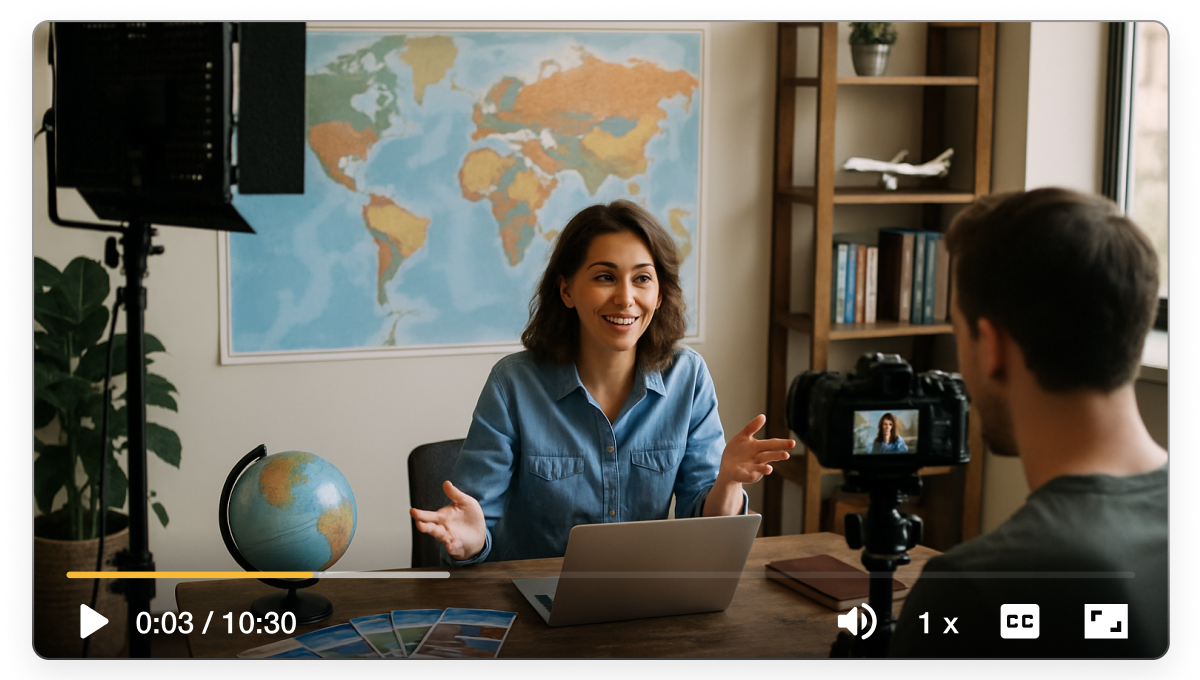 Travel agency video maker created in Visla showing an agent presenting a destination with engaging visuals